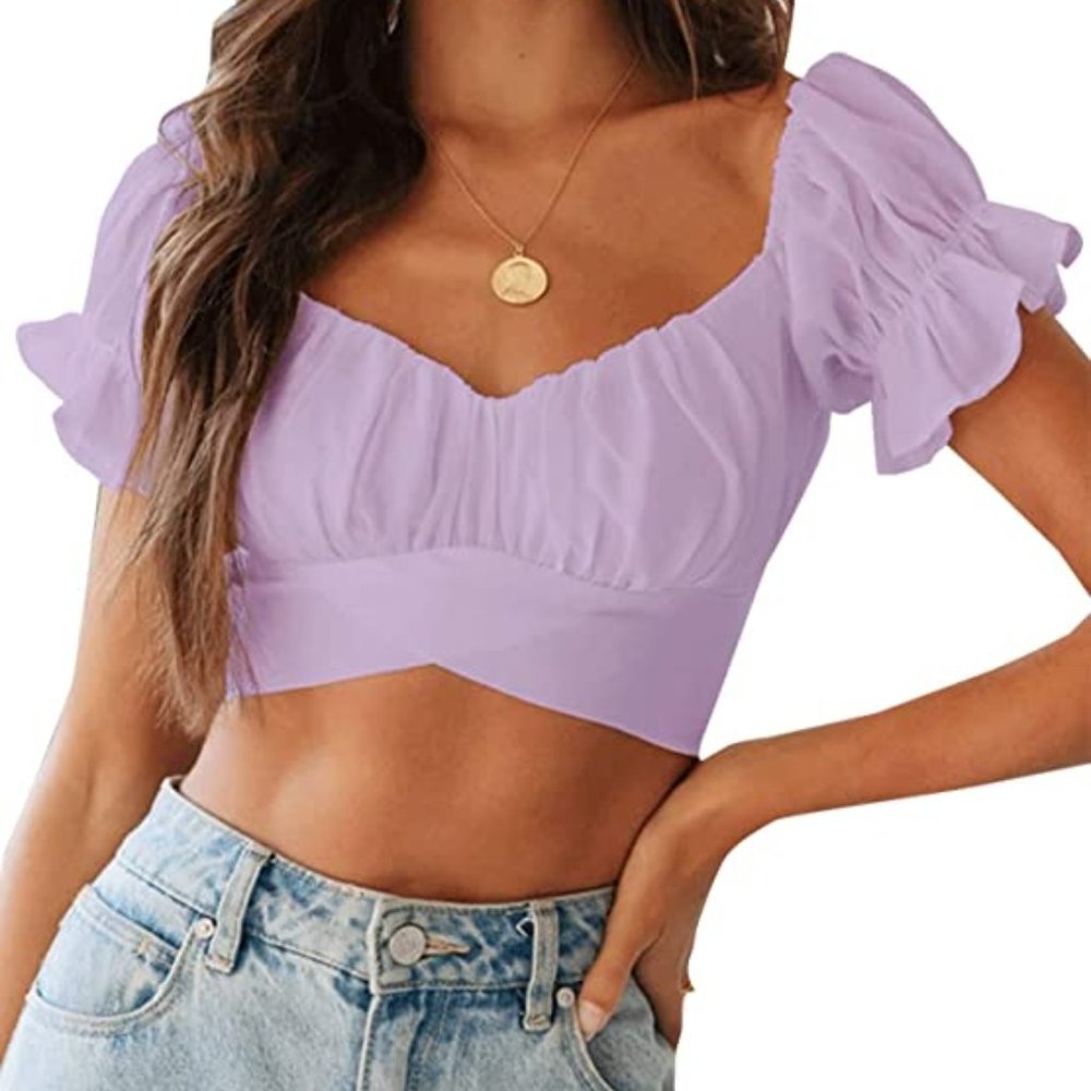 NWOT Women's Ruffle Short Sleeve Tie Up Back Crop Top Off Shoulder Blouse
